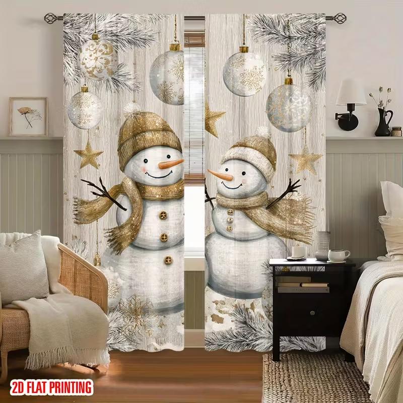 

Set Of 2 Cute Golden Snowman Pattern Curtains Playful Design Polyester Christmas Home Windows Curtain Semi Sheer Made W100*H70(CM)-Grommet top&1PCS