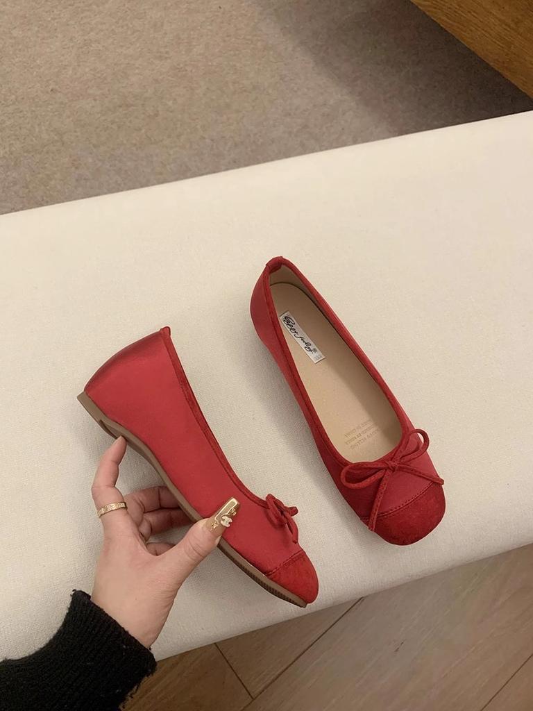 French retro soft-soled single shoes silver women's shoes autumn ladyshoes evening bow red flats ballet shoes