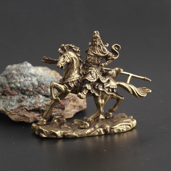 1PC Brass Chinese God of Wealth Riding Horse Guan Gong Statue Home Decoration Accessories Copper Office Desk Decor Buddha Ornaments