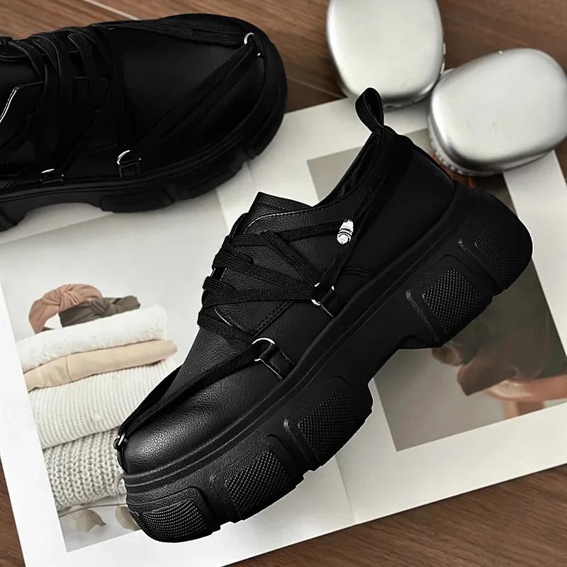 Men Shoes Thick Sole Increased Height Autumn Casual Comfort Non Slip Outdoor Lace Up Platform Korean PU Leather Sneakers 2025