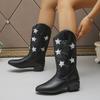 2025 New European and American Embroidered Pointed Mid Barrel Versatile Knight Boots Star Color Coarse Heel