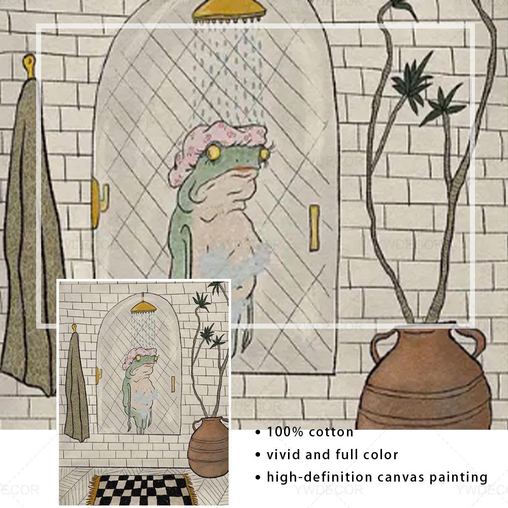 Cute Bathing Frog Poster Cartoon Animal Canvas Wall Art Painting Minimalist Picture for Bathroom Room Decoration