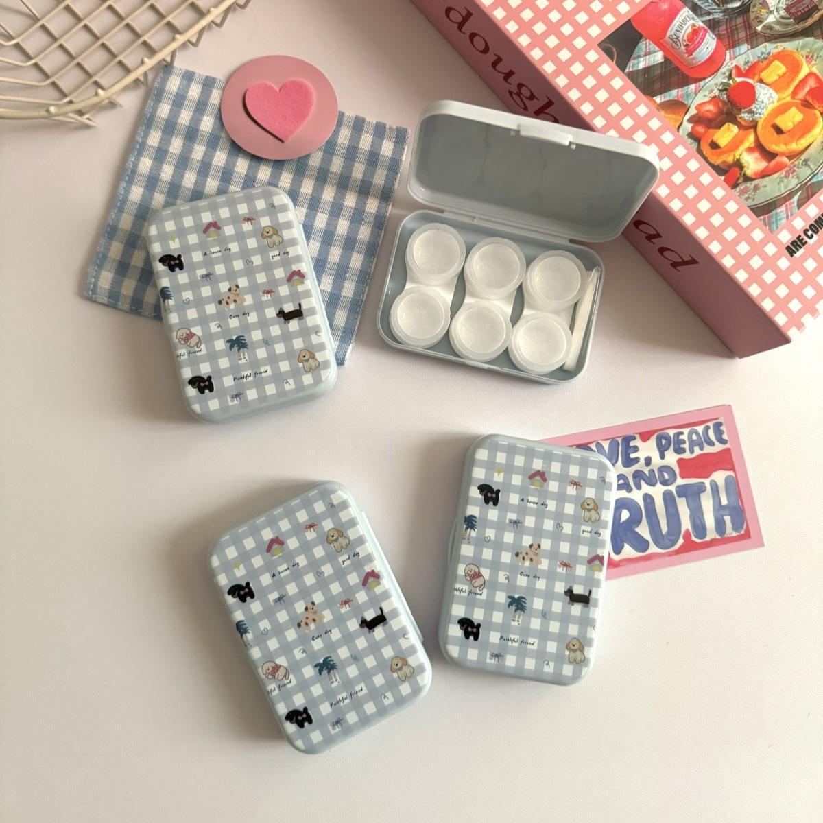 

1pc Ins Cute Grid Portable Contact Lens Box Companion Care Box Women Travel Contact Lens Case Three Pack Contact Lenses Case