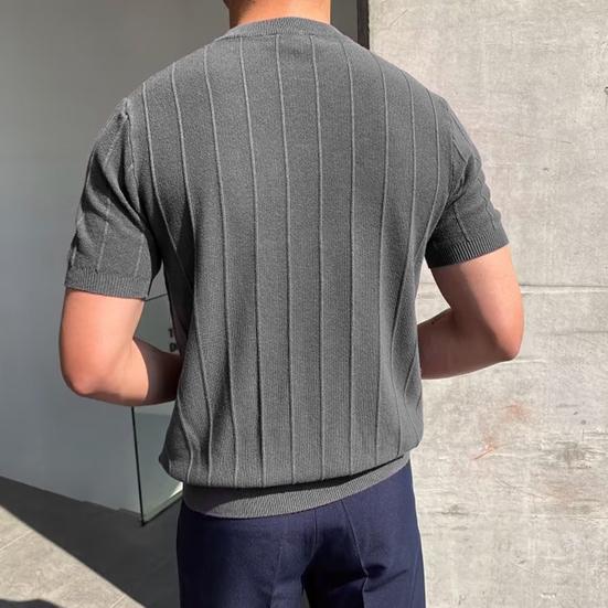 Men Summer T-shirt Round Neck Short Sleeves Solid Color Slim Fit Elastic Pullover Casual Mid Length Straight Men Fitness Sport Gym Top