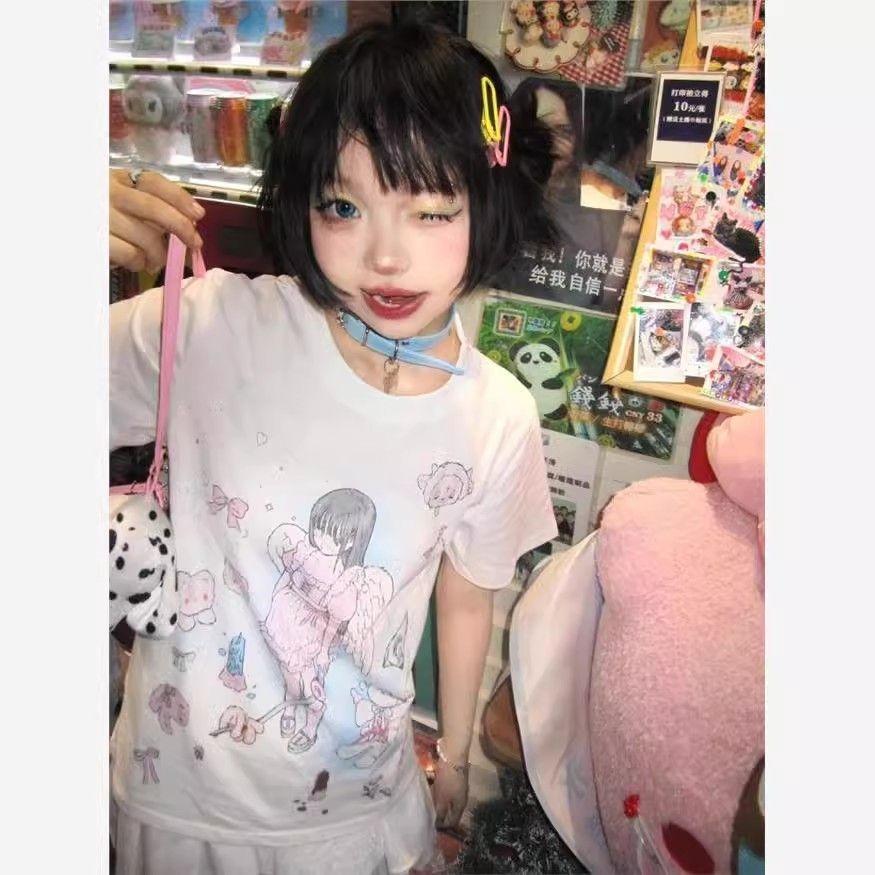 Kawaii Sweet Streetwear Trička Dámská Japonská móda Y2k Grafický Angel Potisk O Výstřih Volná trička Topy Soft Gril Léto