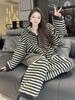 Women's Striped Hooded Coral Fleece Pajamas, Winter 2025 Trend, Outdoor-Ready Fleece-Lined Homewear