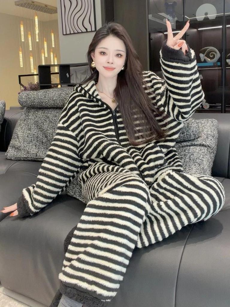 Women's Striped Hooded Coral Fleece Pajamas, Winter 2025 Trend, Outdoor-Ready Fleece-Lined Homewear