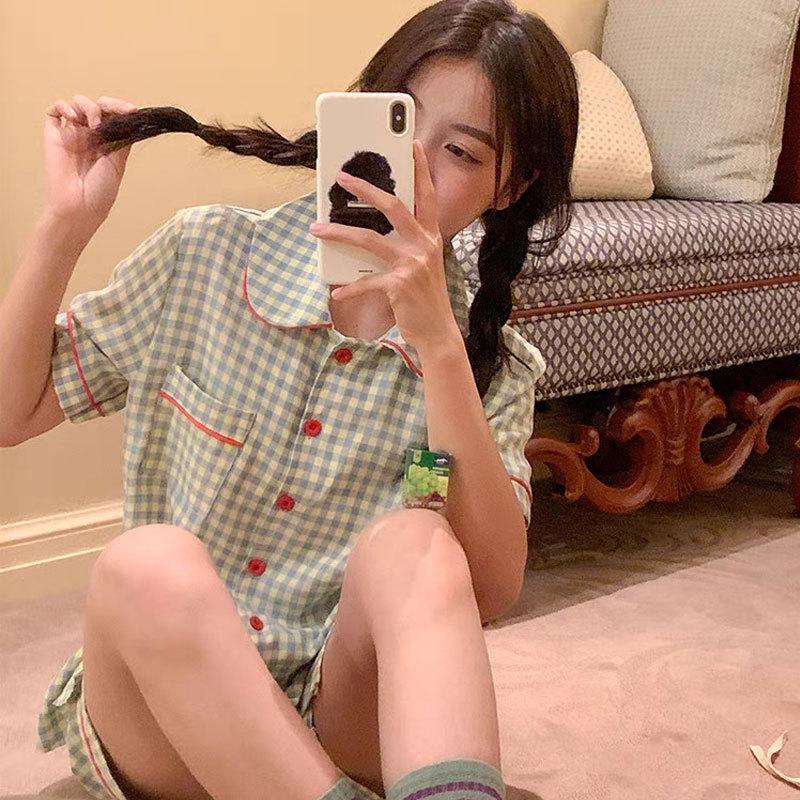 Japanese-style Unprinted Style Summer Fresh Cotton Pajamas Women's Short Sleeves 1011 New Loose Outer Loungewear Suit
