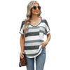 Women's New Spring and Summer Printed Striped V-neck Bat Sleeve Pocket T-shirt Tops