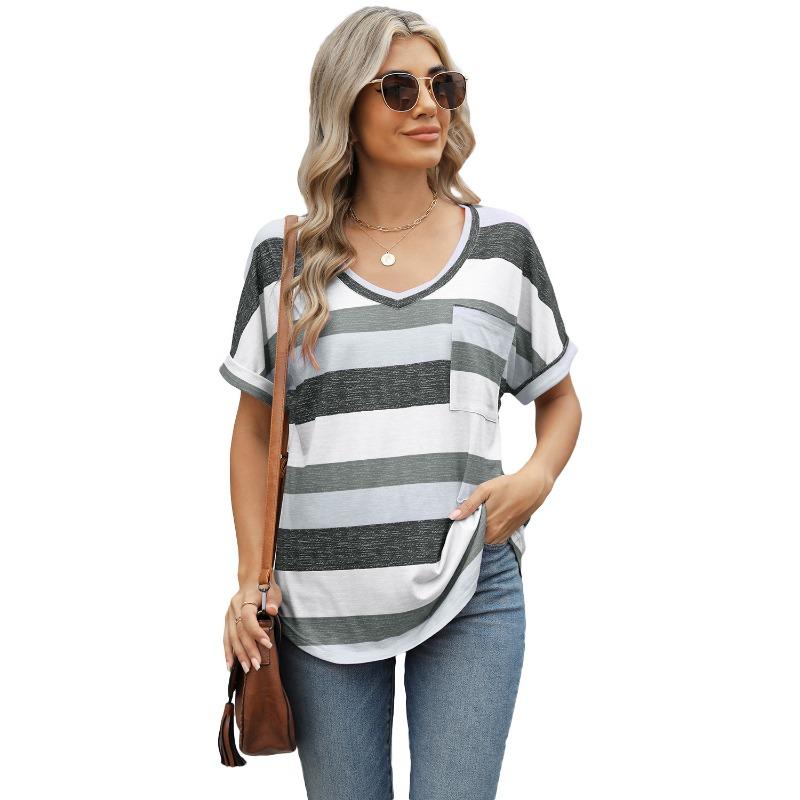 Women's New Spring and Summer Printed Striped V-neck Bat Sleeve Pocket T-shirt Tops