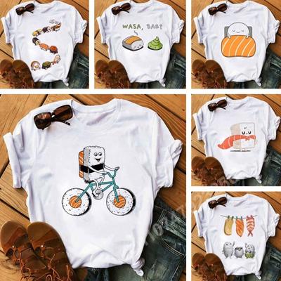 Cute Sushi Print Women T-Shirts Summer Y2K Top Short Sleeve Tee Lady Harajuku Cartoon Graphic Tshirt Oversized Casual Clothing