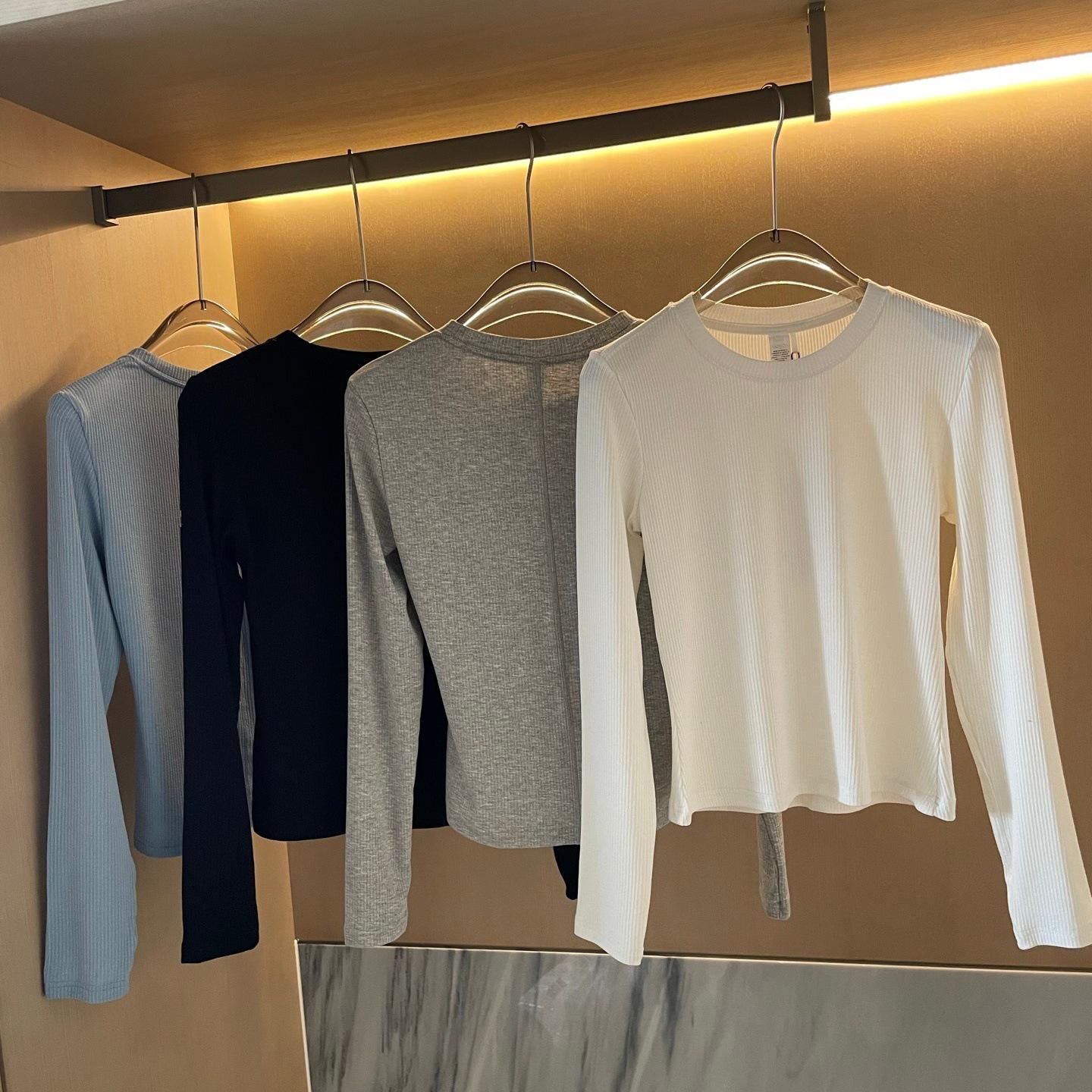 2026 Korean Chic Quick-Dry Ribbed Long-Sleeve Round Neck T-Shirt L