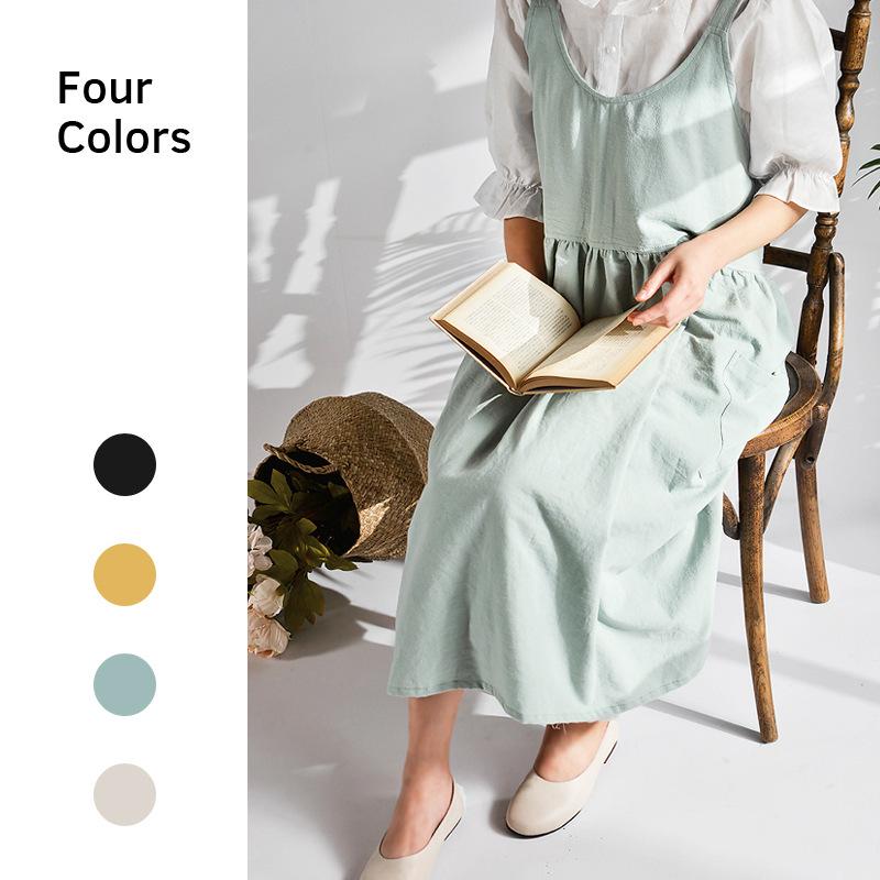 Green Cozy Kitchen Apron Korean Style Cotton Apron Soft with Adjustable Aprons for Women with Pockets Cooking Kitchen Baking