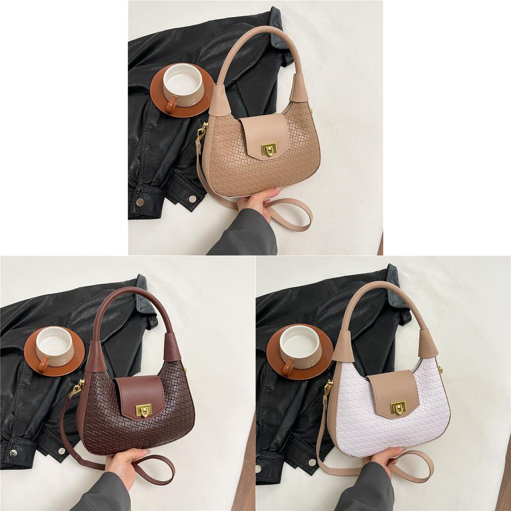 Pu Small Crescent Bag With Woven Texture For Daily Use