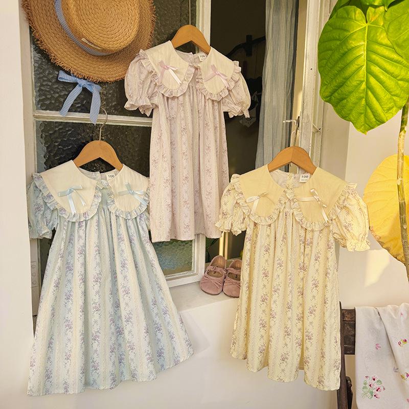 2026 Summer Doll Collar Color Block Girls' Dress – French Print Short Sleeve Princess Korean Style