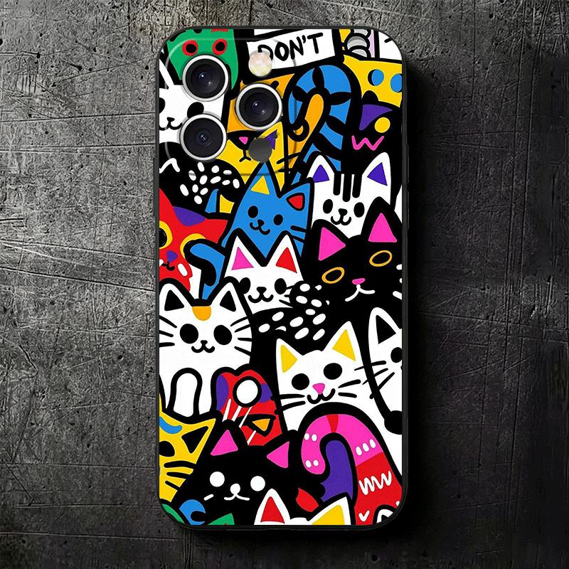 Cartoon Cute Cats Theme Soft Phone Case for iPhone 16 16E 17 Air 15 Pro Max 14 Plus 13 Mini 11 12 7 Black Cover Back Shell