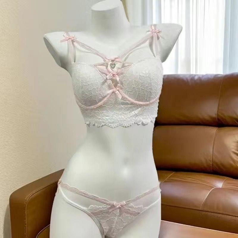 Teen Sexy Pure Lust Lace Small Chest Underwear Bra Show Big Cross Soft Steel Ring Bra Cover Set Gather