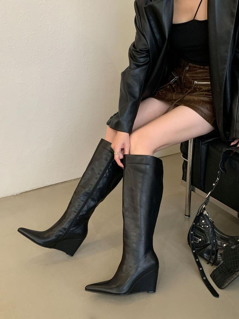 European and American Pointed Boots Women's 2025 Autumn New Big Tube Circumference Thin Straight Pants Tube Boots Wedge Heel Knight Boots