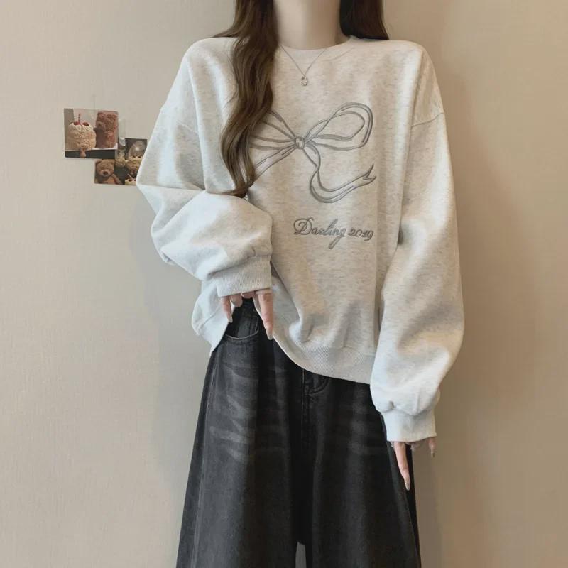 Vyšívaná mikina s mašlí a kulatým výstřihem - Jarní kolekce pro ženy, Volný střih, Sladký a mladistvý design