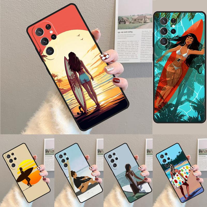 Surfing Art Surf Girl Phone Case Cover For Samsung Galaxy S24 S25 Ultra S21 S22 Ultra S10E Note 10 Plus Note 20 FE S23