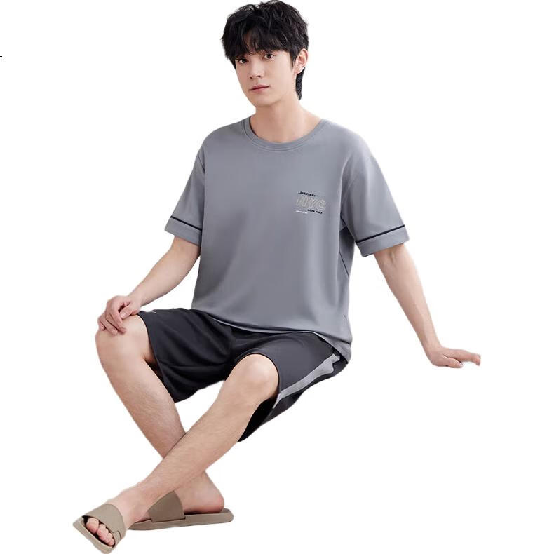 Yiershuang Men's Pajamas, Summer Thin Cotton Pullover Short-Sleeve Shorts, Loose Casual Printed Loungewear Set, Suitable for Outdoor Wear