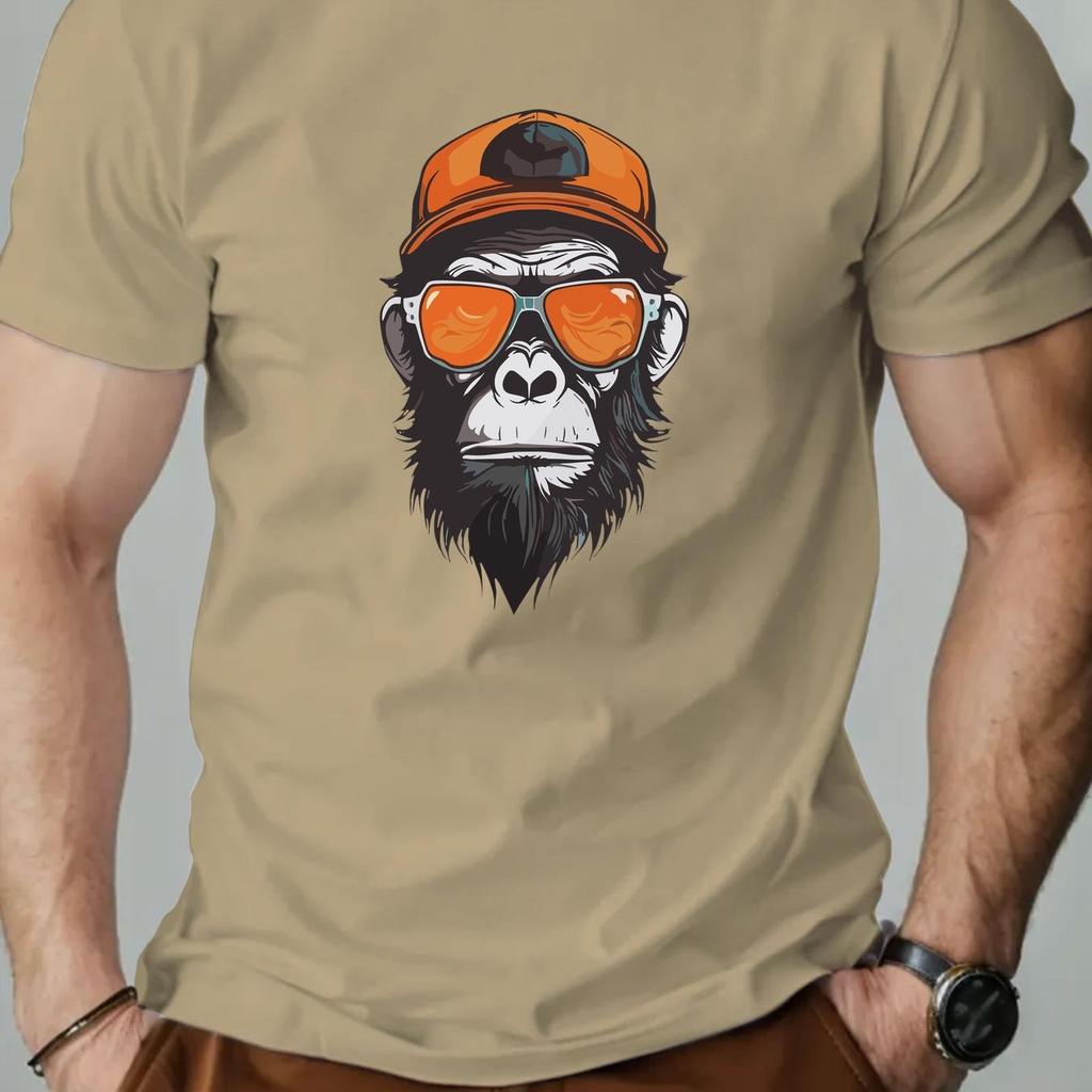 Men's Summer 100% Pure Cotton Fashionable Casual Sports Loose Monkey Pattern Printed Round Neck Short Sleeved T-shirts