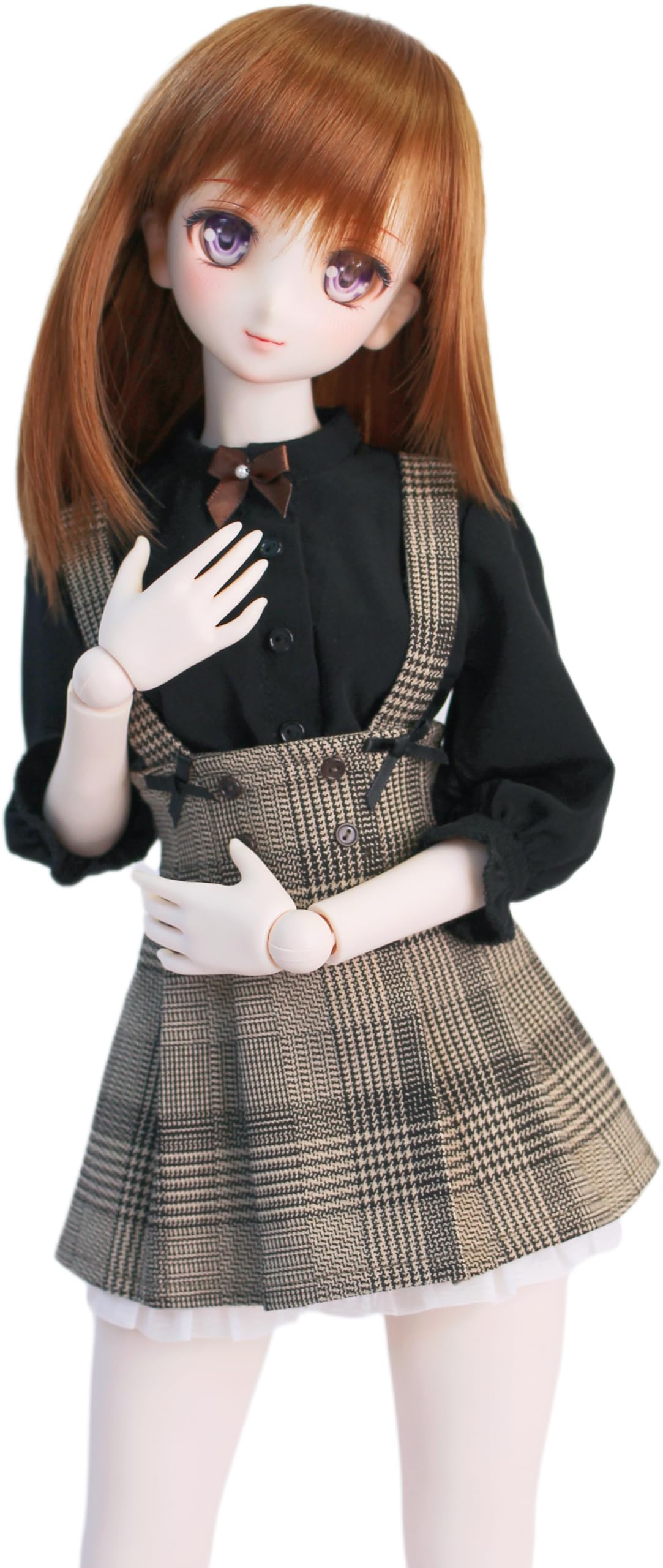 

DD compatible jumper skirt with brown ribbon and black blouse set brown beige check British Glen check jumper skirt 60cm doll BJD doll clothes [Petite