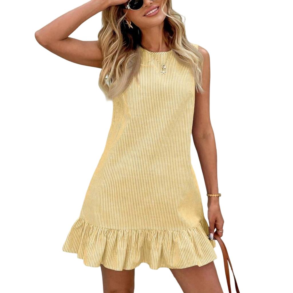 Women Sleeveless Ruffle Hem Striped Crew Neck Casual Dress Summer Loose Fit Lightweight Pullover Design for Daily Wear