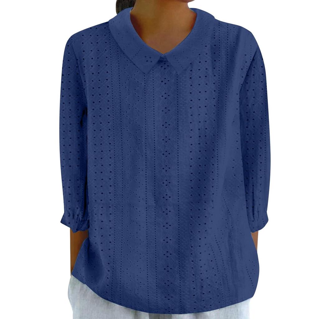 Button-Down-Hemden für Damen, Ösen-Spitzenkragen, 3/4-Ärmel, einfarbig, lässig, lockere Passform, bequem, für den Herbst, für den Alltag