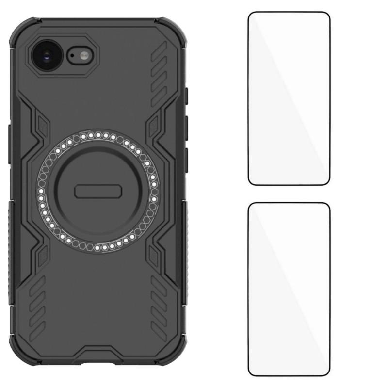 

For iPhone 16e Magnetic Case WANLONFENG DJ Series PC TPU Phone Cover with 2Pcs Tempered Glass Film Black