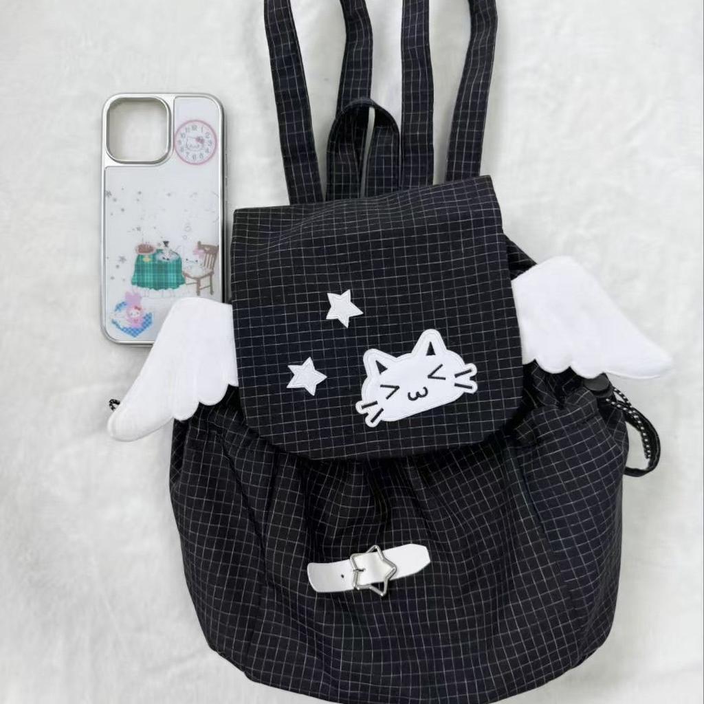 Japanese Embroidery Cute Kitten Schoolbag Kaomoji Student Star Wings Lightweight Small Backpack Versatile Backpack Female