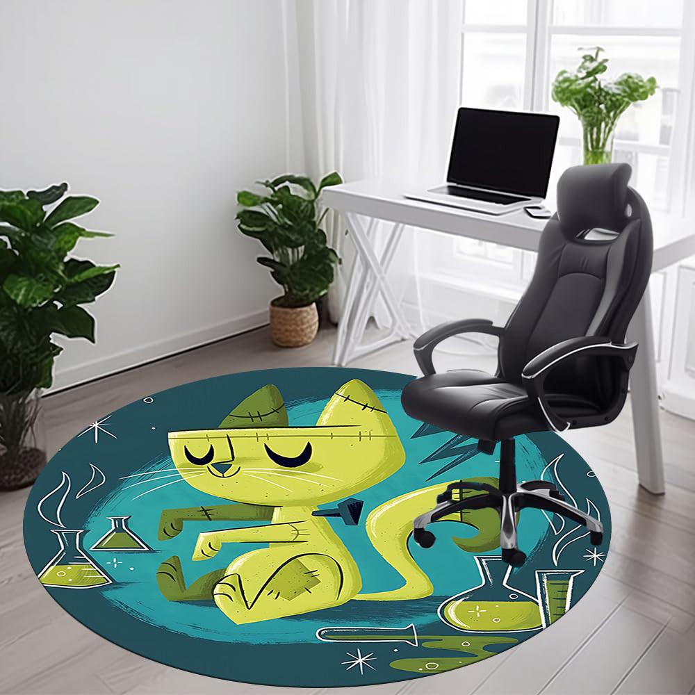 1pc Green Cat Office Round Area Rug, Under Office Chairs Bedroom Living Room Home Decor, Room Deco
