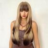 HAIRCUBE Long Wavy Brown To Blonde Omber for Women Layered Synthetic Wig with Bangs Natural Christmas Party Heat Resistant Fiber