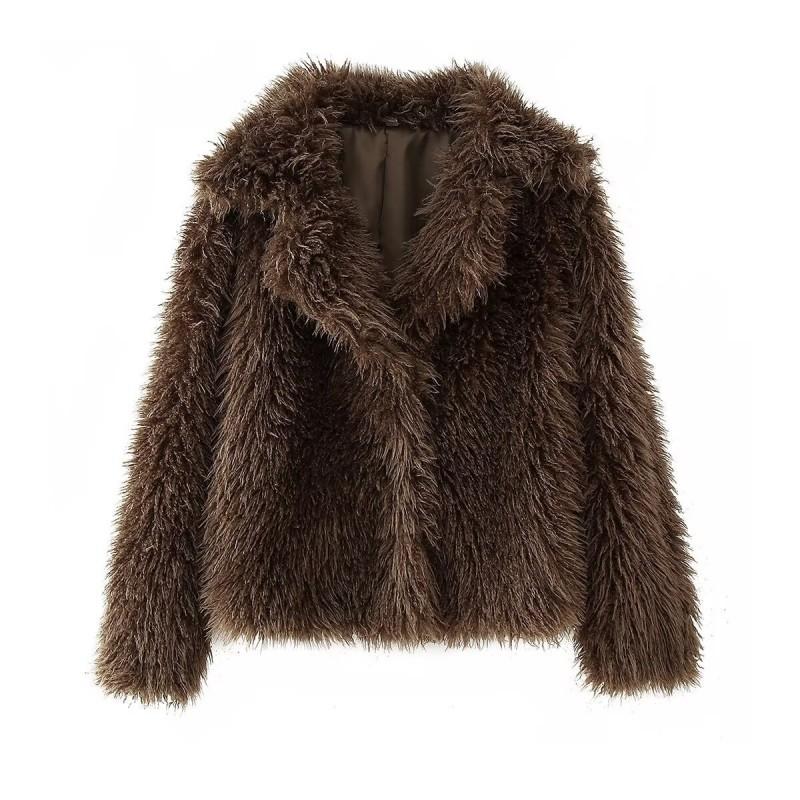 Womens Short Faux Fur Coat With Lapel Collar Long Sleeve 2025 Elegant Chic Outerwear In White Burgundy Coffee
