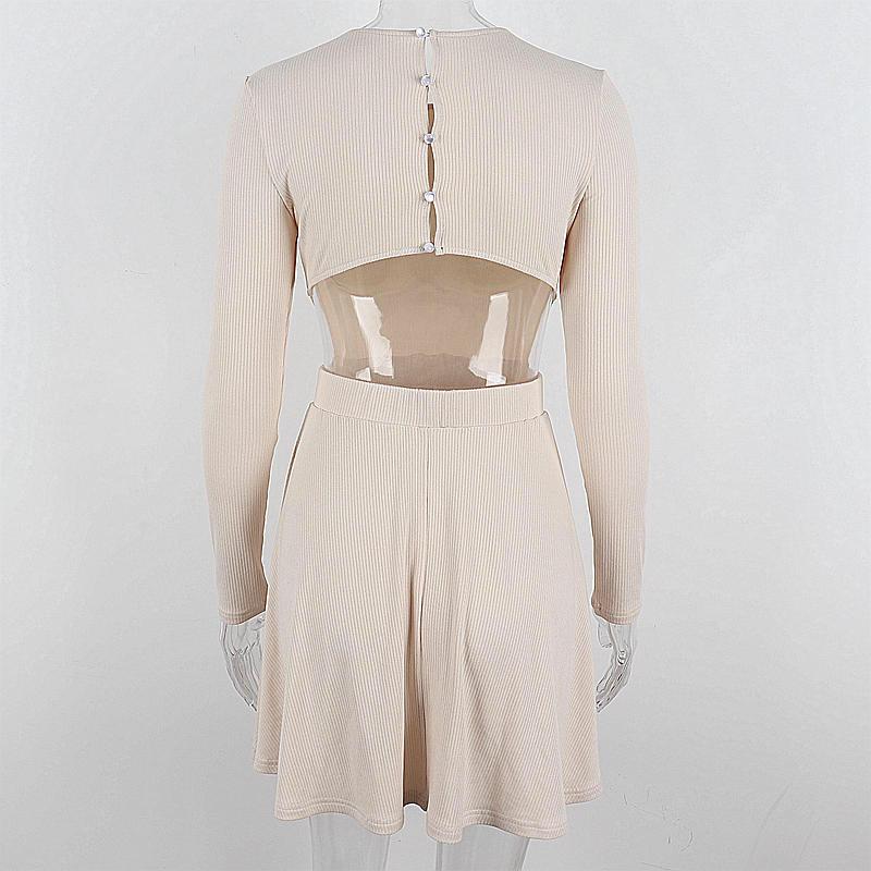 Women's Solid Long Sleeve Slim Mini Dresses Autumn New O-neck Hollow Out Pleated A-line Dress Ladies Sexy Vestidos