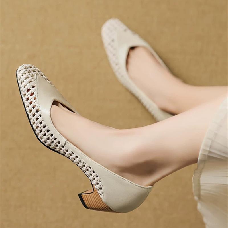 Fashion Retro Hollow Woven Low Heel Pumps Women Elegant Square Toe Thick Bottom High Heels Concise Comfortable Commuting Office Shoes