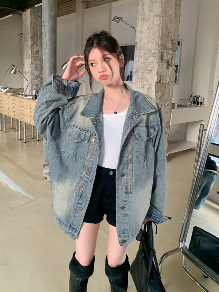 2026 Spring Plus Size Korean Style Women's Denim Jacket - Long Sleeve, Loose, Trendy New Arrival