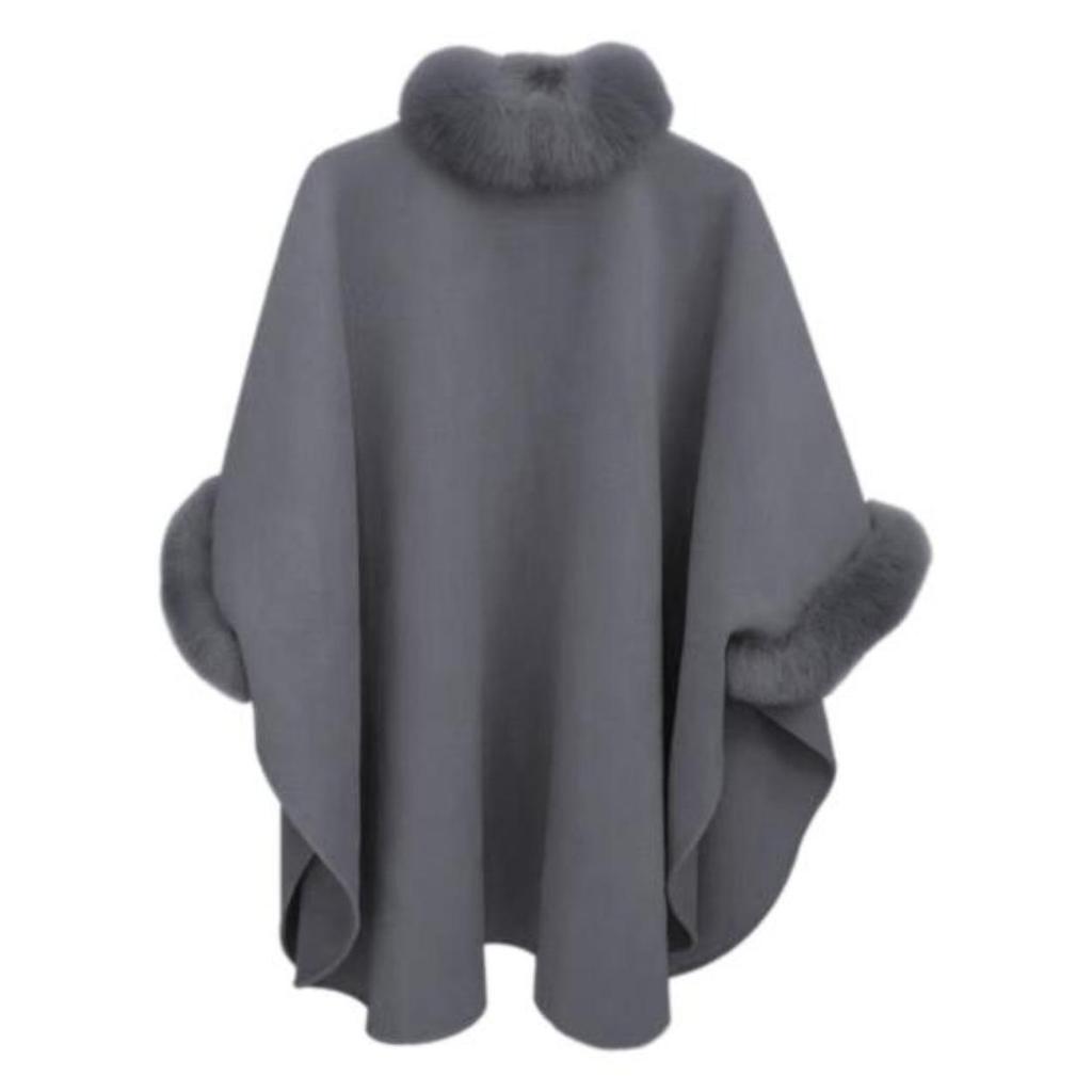 Жіноче зимове пальто-накидка з рукавами-долманами, товста шаль, вільний комір-стійка, однотонний декор зі штучного хутра. Тепле повсякденне пончо для роботи на природі.