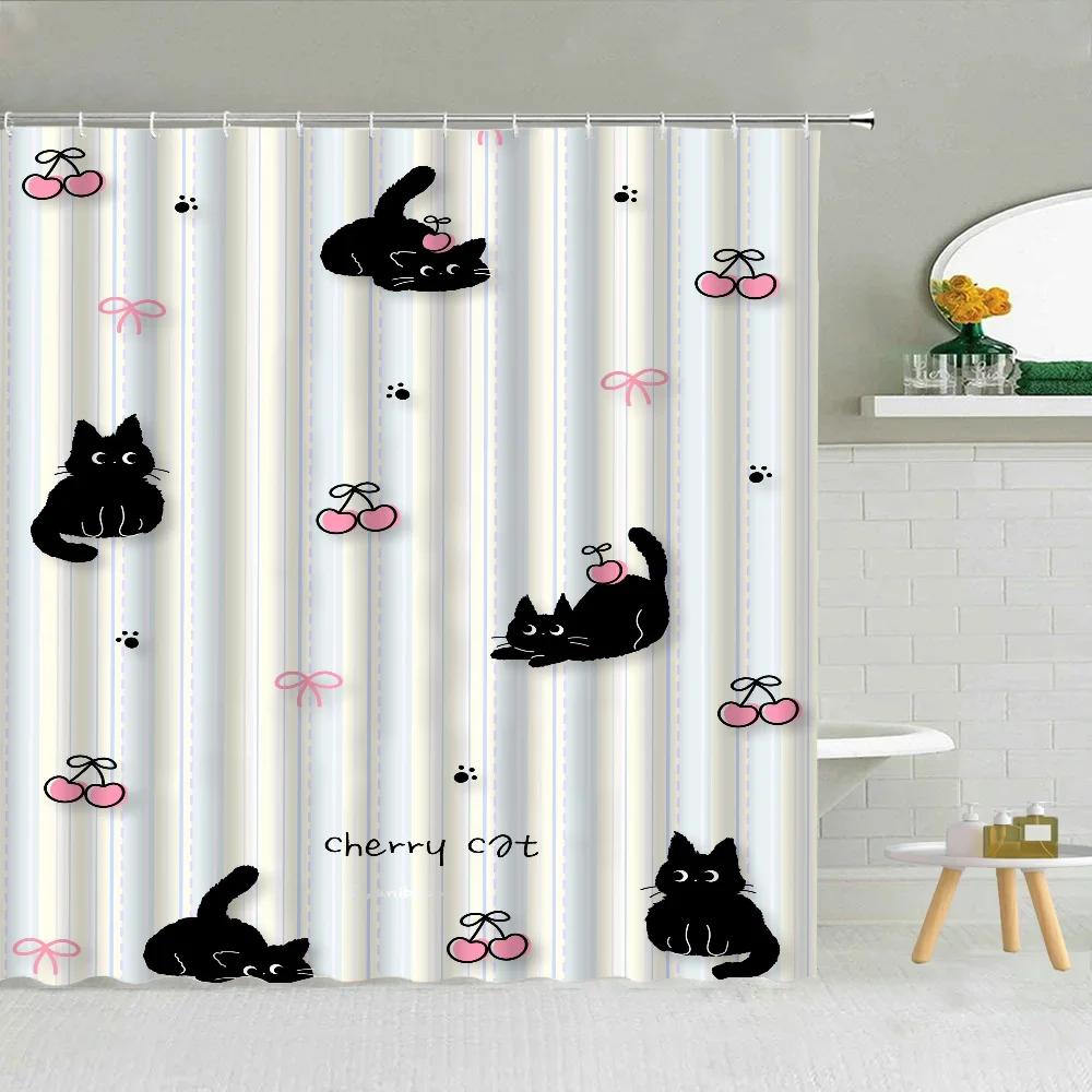 Japanese Black Pink Cute Cherry Cat Bath Curtain for Quarto Curtains in the Bathroom Accessories Shower Folding Partition Home