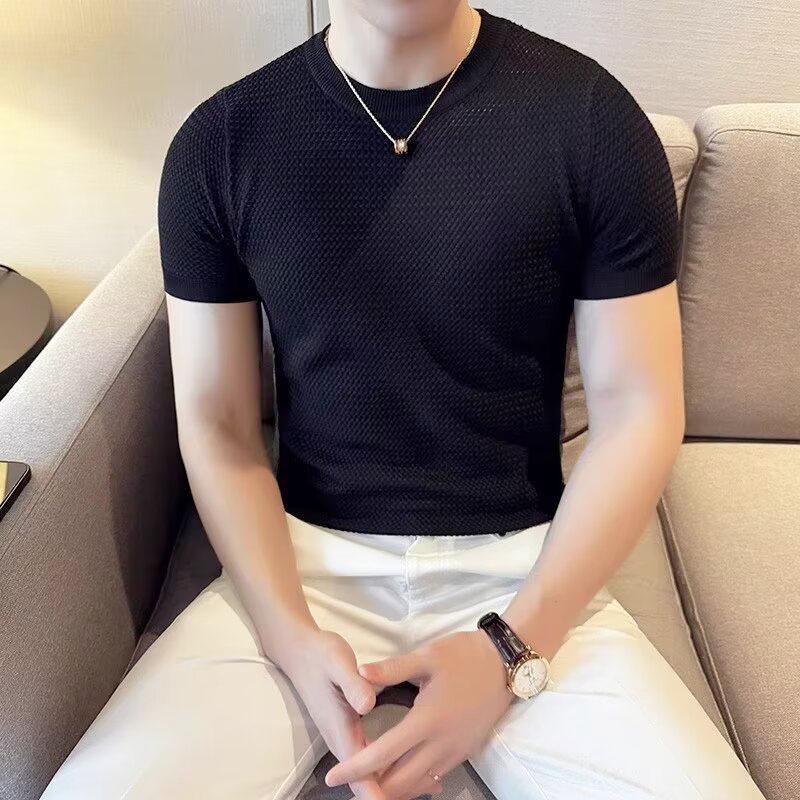 

Men s Ice Silk Slim Fit Round Neck Short Sleeve Knitted T-shirt XXXL чорний