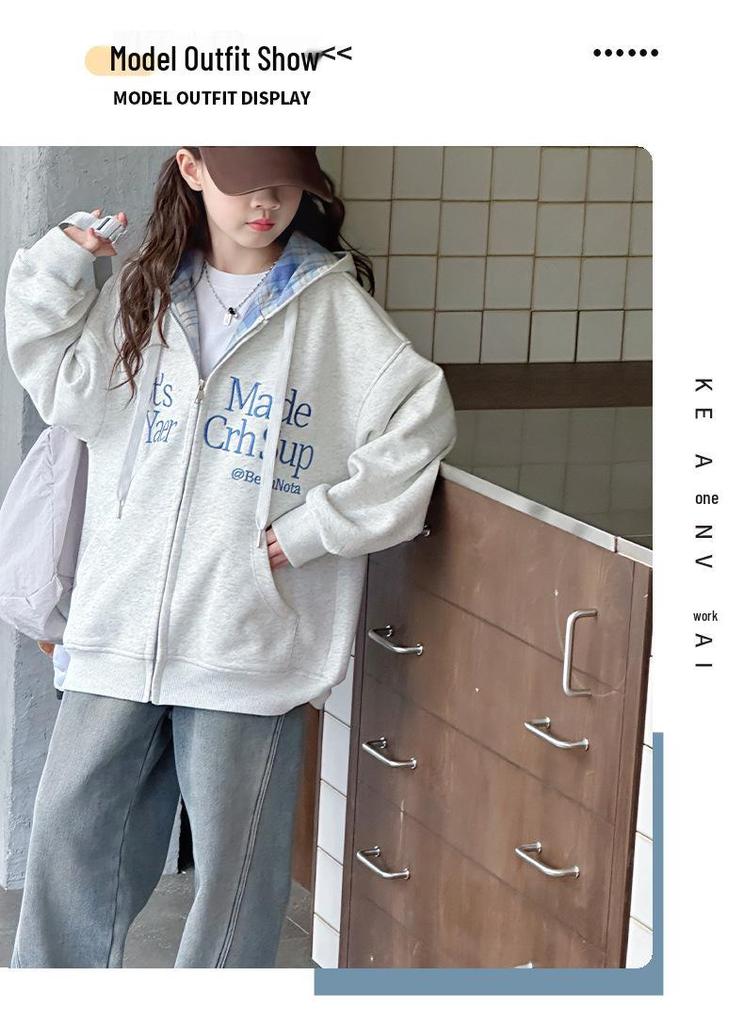Girls' Korean-Style Hoodie Jacket - 2026 Spring/Autumn Casual Fashionable Hooded Top for Children