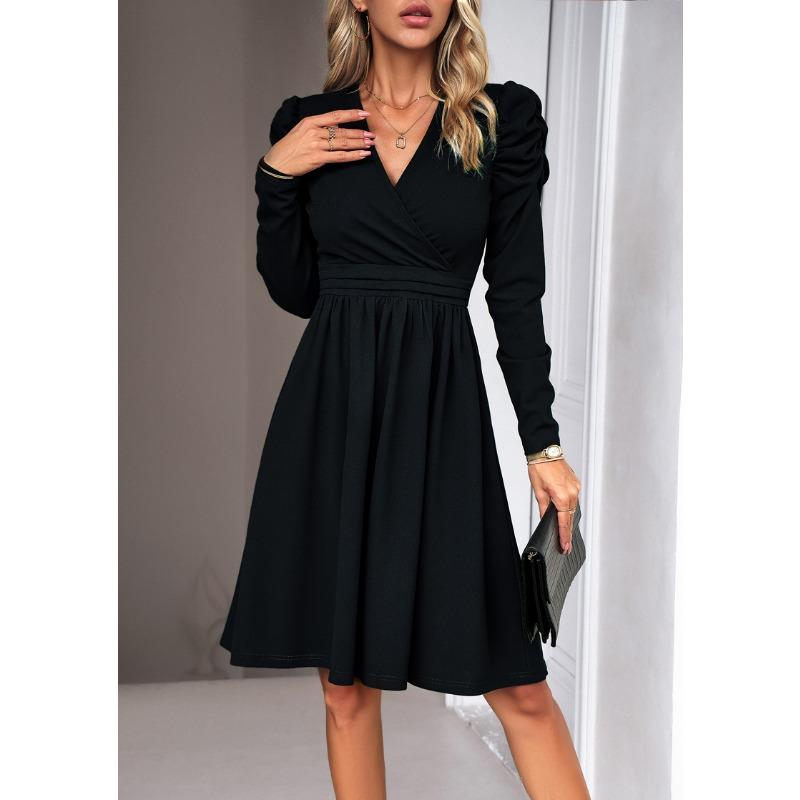 Women's Elegant Sold Color V-neck Long Sleeve Dress
