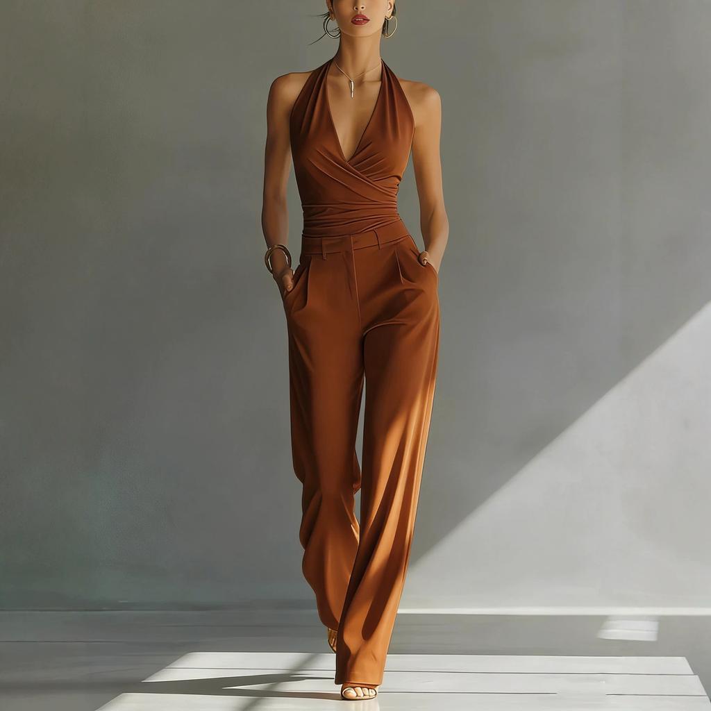 French fabric sling collar top high waist wide slim fit professional leisure solid color suit