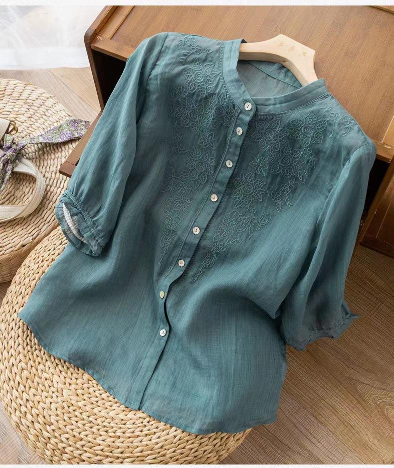 Export medium-sleeved cotton and linen shirt women's embroidery new thin cotton and linen top temperament loose and beautiful shirt women