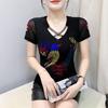 Designer Cross V-neck Shiny Hot Diamond Mesh T-shirt Summer High Quality Short Sleeve Tees Women's Tops