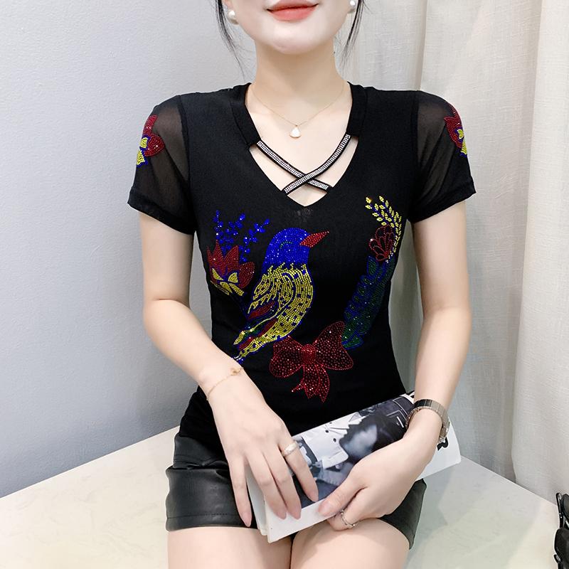 Designer Cross V-neck Shiny Hot Diamond Mesh T-shirt Summer High Quality Short Sleeve Tees Women's Tops