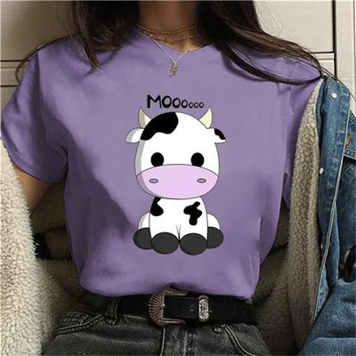 Camiseta Feminina Estampa Gráfica Vaca Fofa Novilha Muu Moda Gola Redonda Manga Curta Streetwear Casual Personalidade Tops
