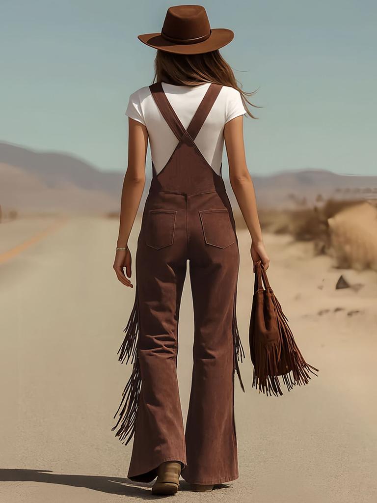 Women's Vintage Western Faux Suede Fringe Wide Leg Cargo Pants Work Pants Trousers