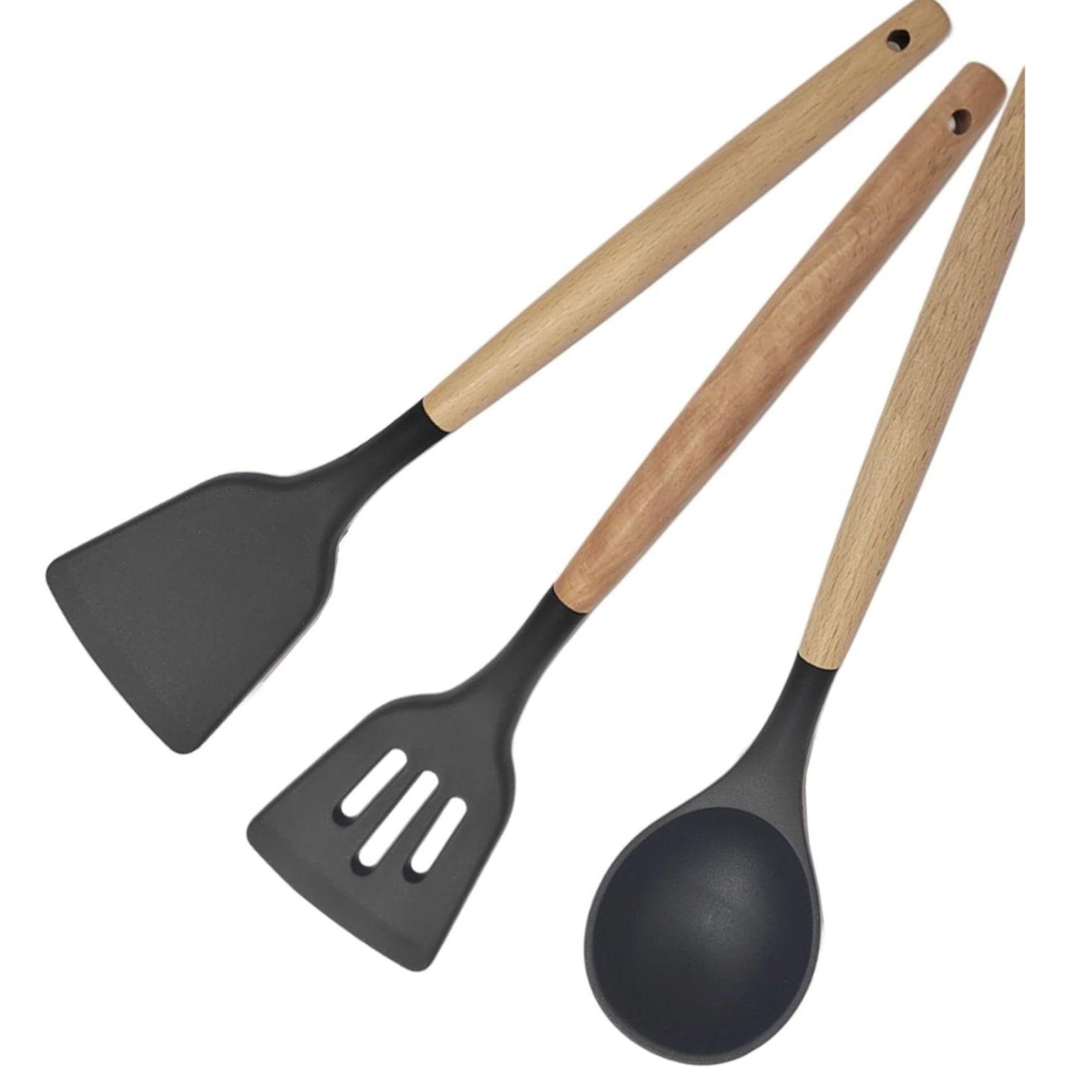 

Набор из 3 предметов кухонной утвари из силикона с антипригарным покрытием и деревянной ручкой - Термостойкая кулинарная лопатка для посуды (черный)