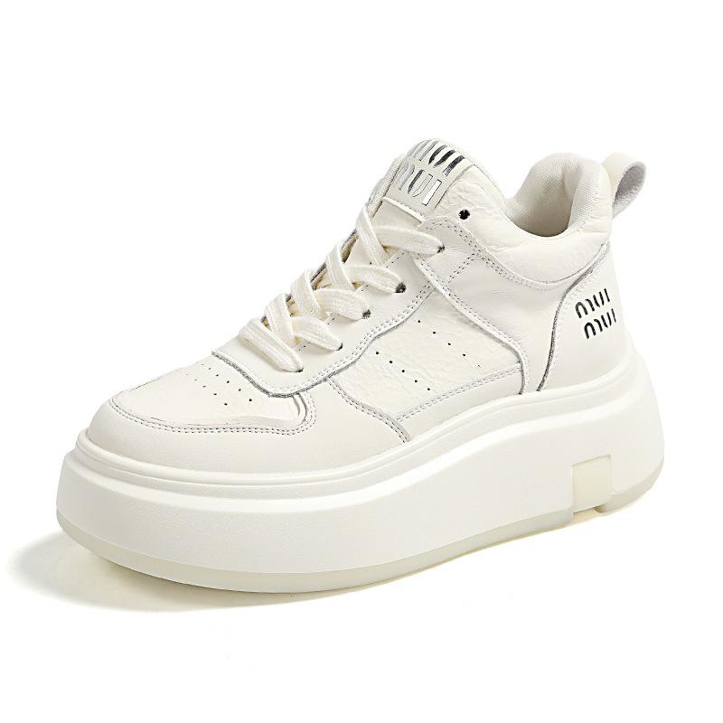 Leather high-top autumn and winter velvet muffin thick-soled small casual board shoes